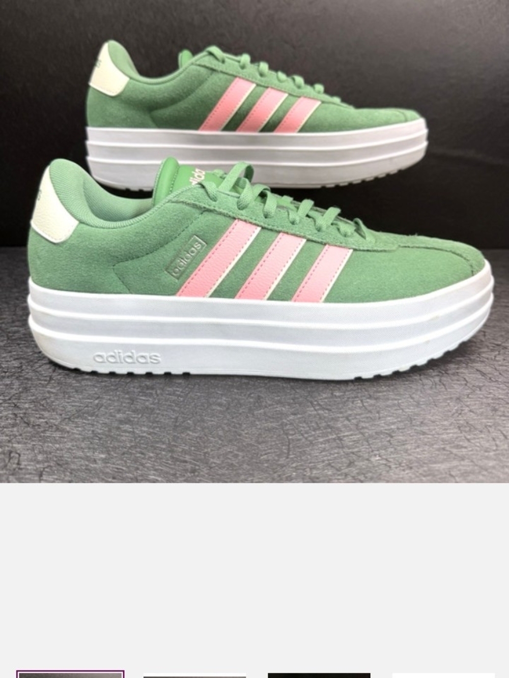adidas Women's Green Suede Platform Sneaker with Pink Stripes and White Sole